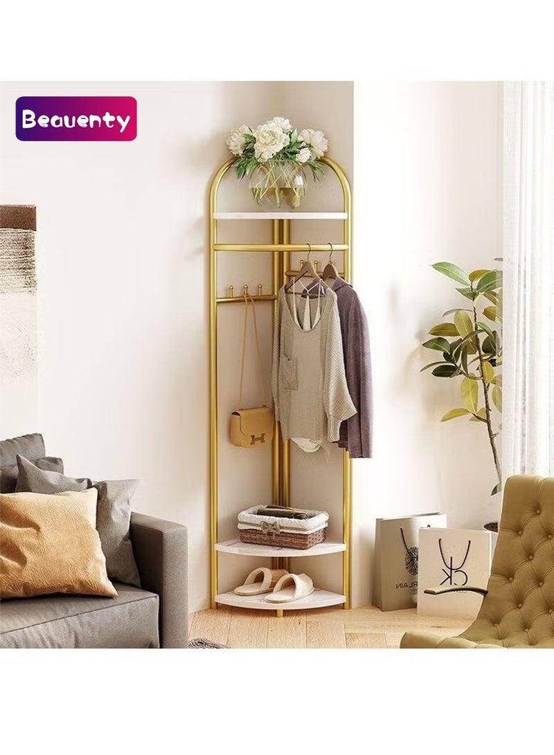 بيوينتي حوامل ملابس زاوية ذهبية قائمة بذاتها، حوامل معاطف معدنية ذهبية مع خطاطيف، حوامل ثياب متينة عصرية مع ثلاث رفوف تخزين للمنزل، غرفة النوم، غرفة المعيشة - Image 1